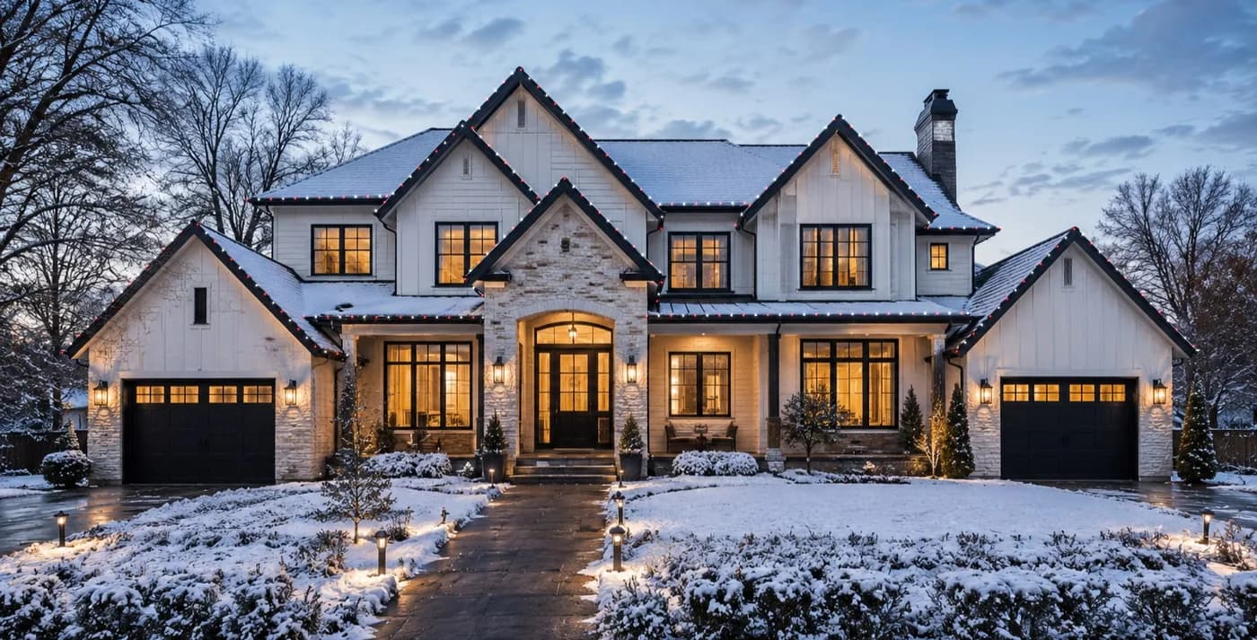 The same three-bay farmhouse with alternating red and white roofline lighting