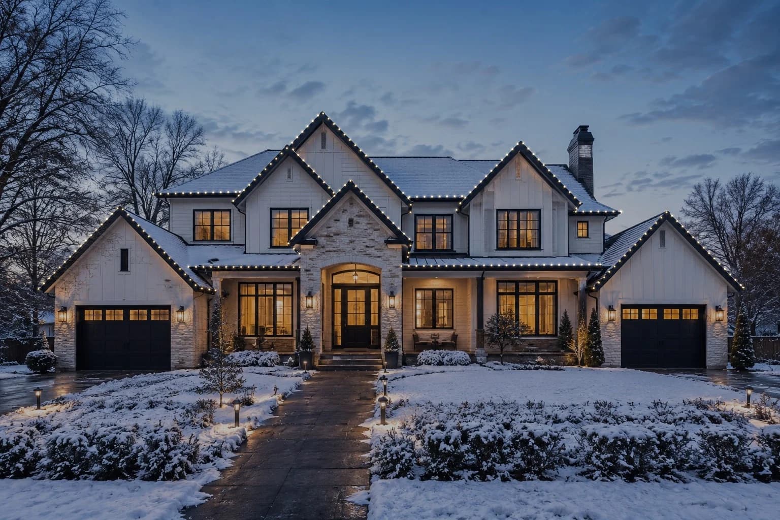 Two-story white farmhouse at blue hour, every roofline and gable outlined in warm white C9 bulbs, snow on the ground and warm light in the windows