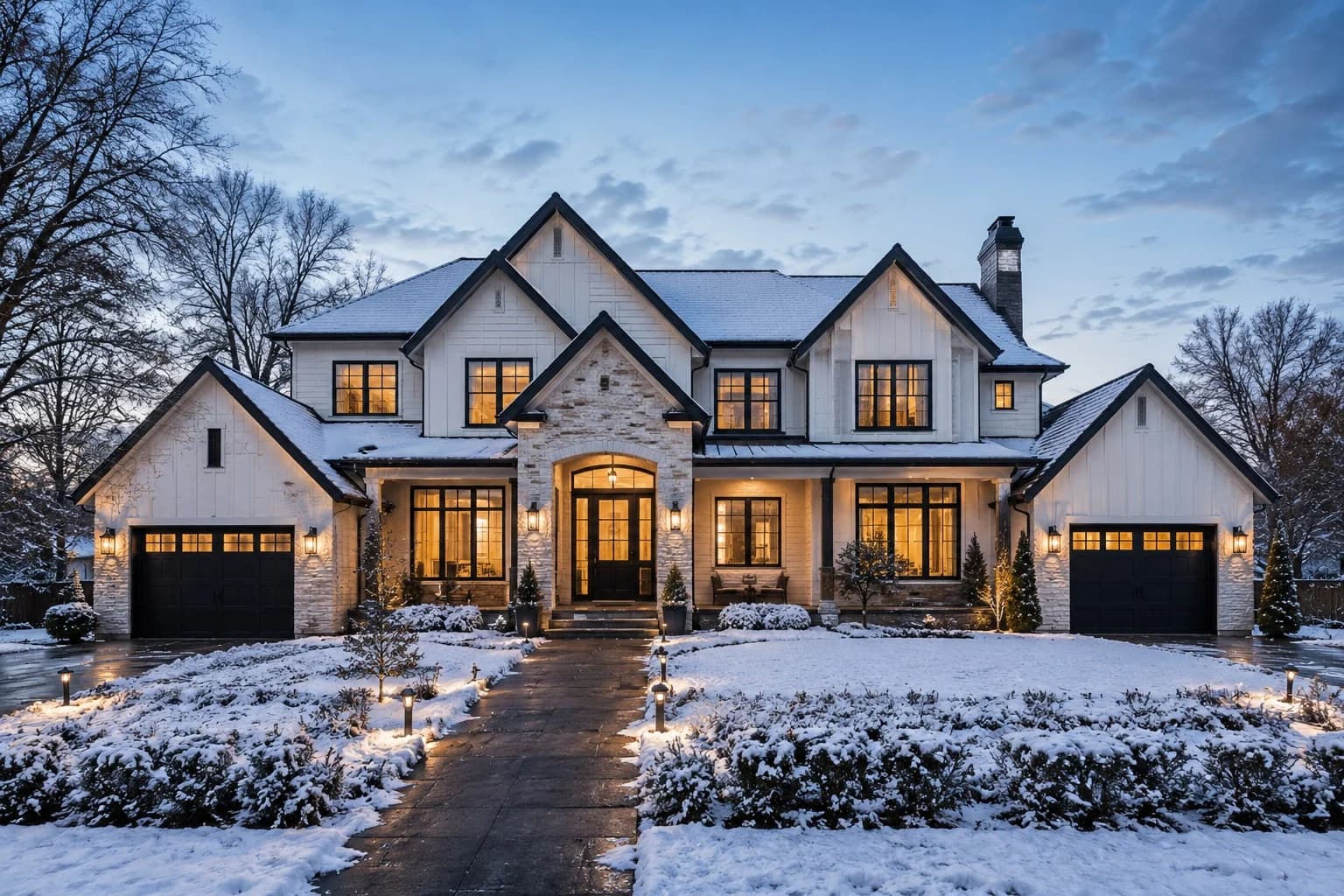 The same farmhouse at blue hour with no Christmas lighting installed