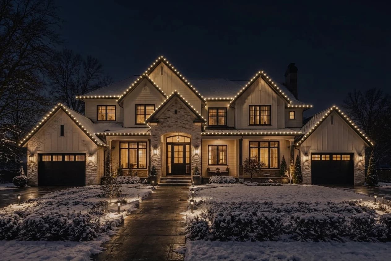 The same farmhouse after dark, rooflines glowing warm white against a black winter sky with lit evergreens along the drive